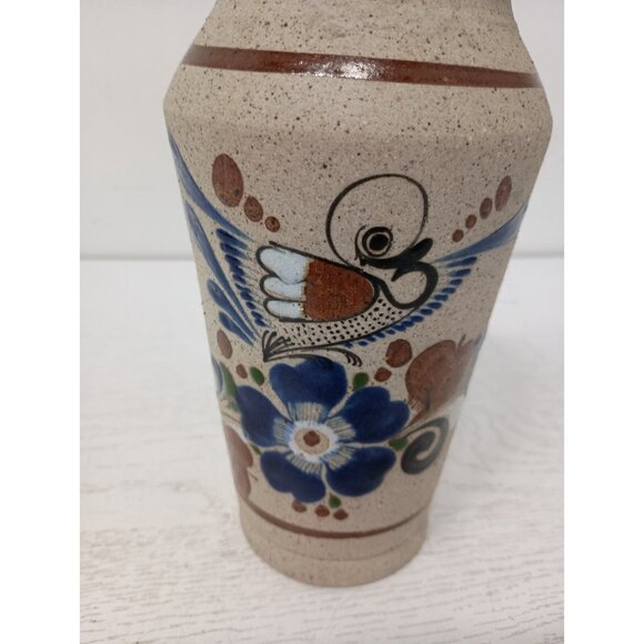 VTG Tonala Pottery Stoneware Hand Painted Floral Bird Vase Mexican Folk Art - Picture 2 of 9